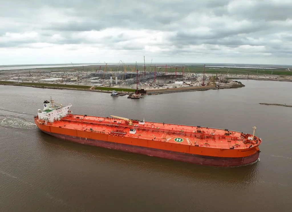 Aerial view of the red-hulled crude oil tanker Eagle Kinabalu under way on a waterway, an illustrative image of a tanker at sea; this is not the MT On Peace.