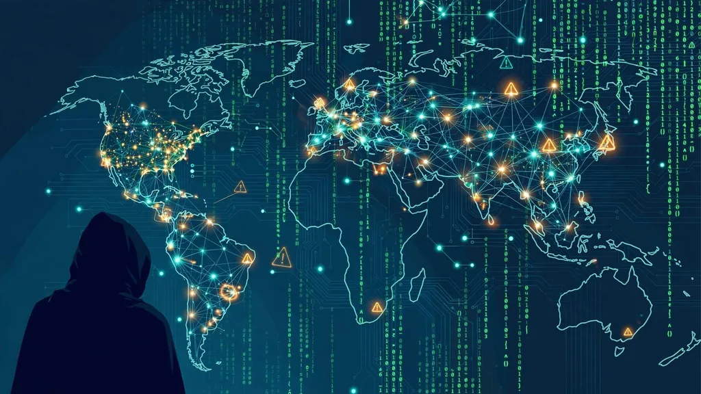 Illustration of a hooded figure silhouette behind a wall of code and network nodes, cybersecurity theme