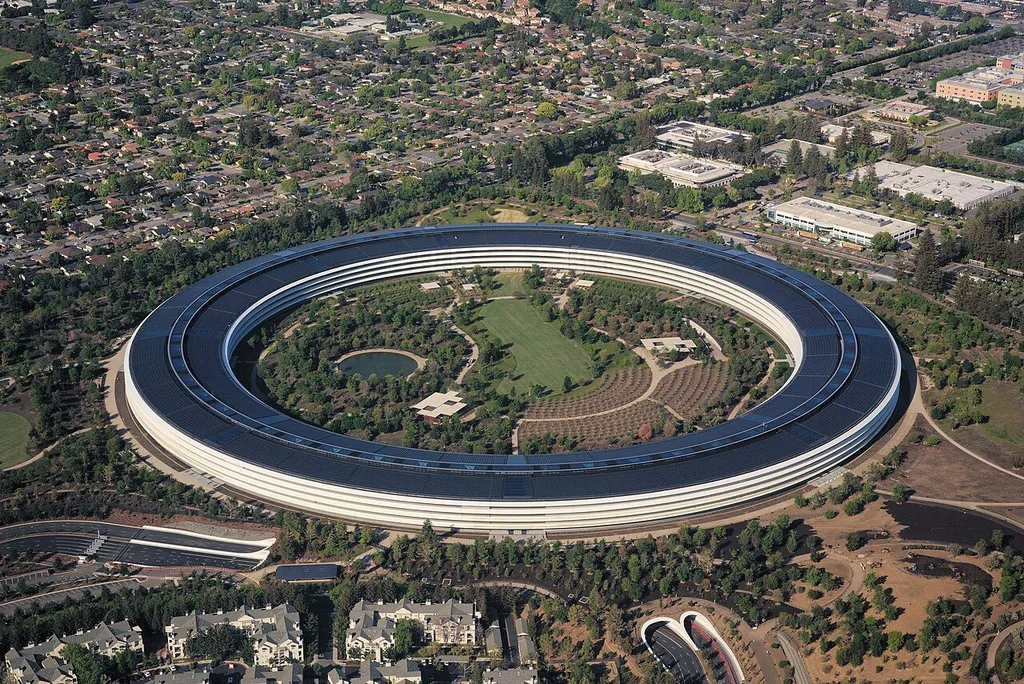 Aerial view of Apple Park, Apple's ring-shaped headquarters campus in Cupertino, California