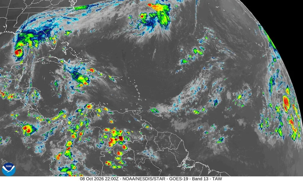 NOAA GOES-19 infrared satellite image from 8 October 2026 showing Hurricane Isaias as an organized Category 2 storm with a visible eye over the northern Gulf of Mexico.