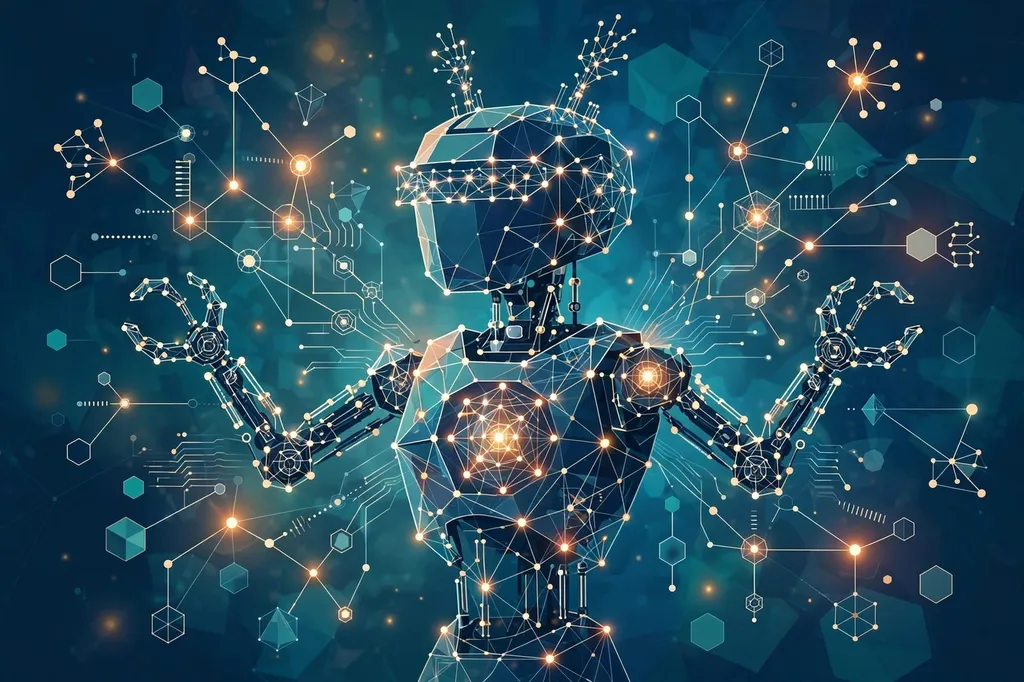 Stylised digital illustration of an abstract robot formed from glowing neural-network nodes and circuit pathways on a deep teal background, representing AI agents
