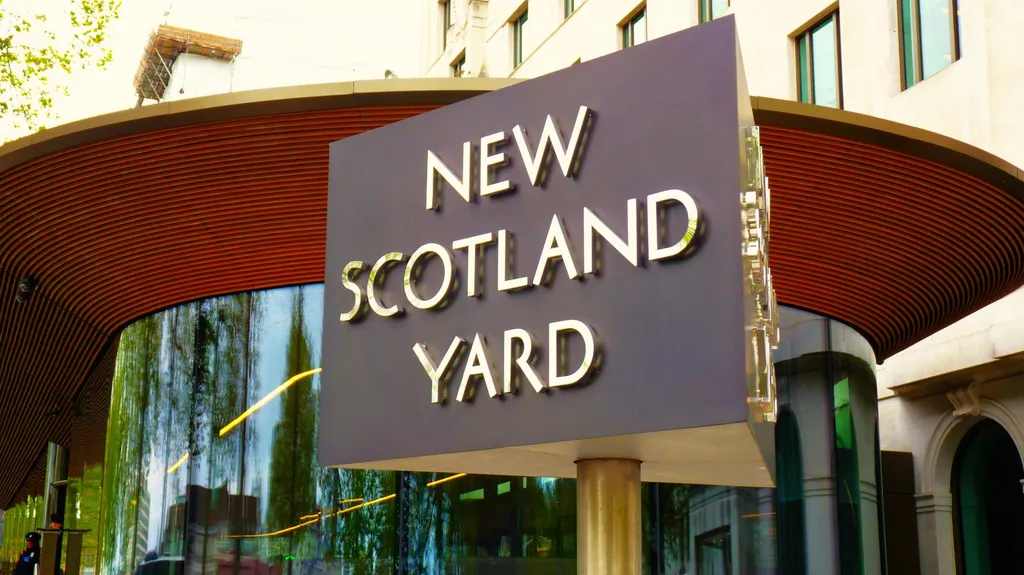 The rotating New Scotland Yard sign outside the Metropolitan Police headquarters in Westminster, London.