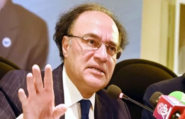 Pakistan Finance Minister Muhammad Aurangzeb speaking at a press conference