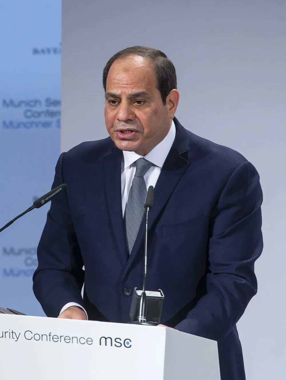 Abdel Fattah al-Sisi speaking at a podium at the 2019 Munich Security Conference
