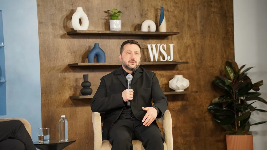 Volodymyr Zelenskyy, President of Ukraine, speaking into a microphone during an interview at WSJ Journal House, New York, September 2026