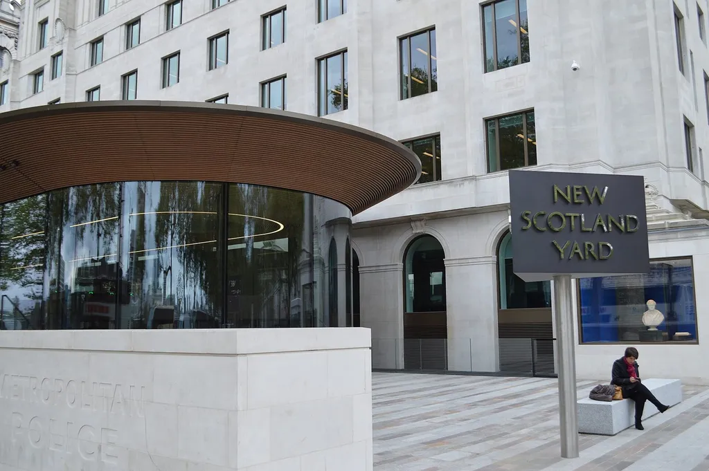 The New Scotland Yard sign outside Metropolitan Police headquarters in London