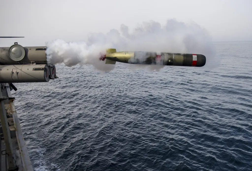 An exercise Mk 54 torpedo is launched from the U.S. Navy destroyer USS Roosevelt in 2014; illustrative file photo of a torpedo weapon (not the North Korean test)