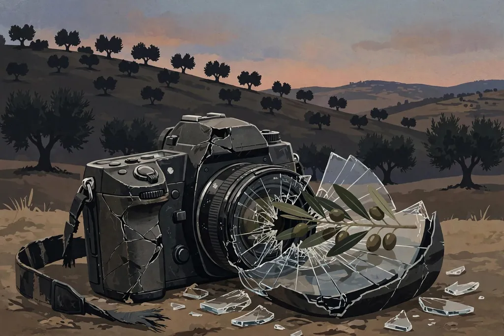 Stylised editorial illustration of a shattered press camera with an olive branch lying across it, set against olive-grove hills at dusk in the West Bank