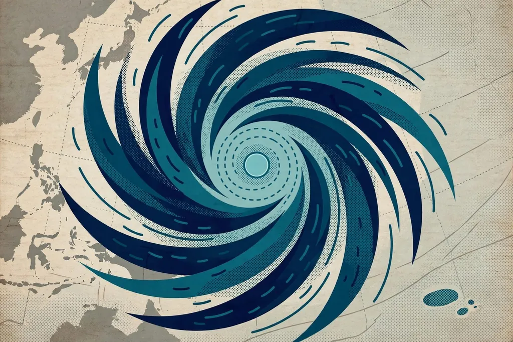 Stylised editorial illustration of a powerful typhoon spiral with a clearly defined eye over the western Pacific Ocean near Guam