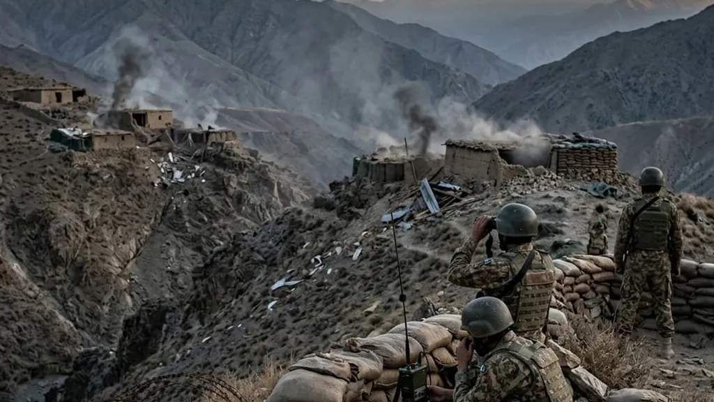 Pakistani soldiers man a mountain border position in Upper Kurram as smoke rises from a hillside post