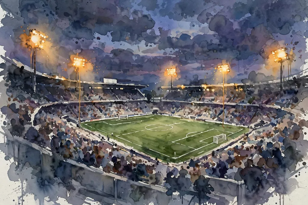 Illustration of a football stadium at dusk under floodlights, rendered in watercolour