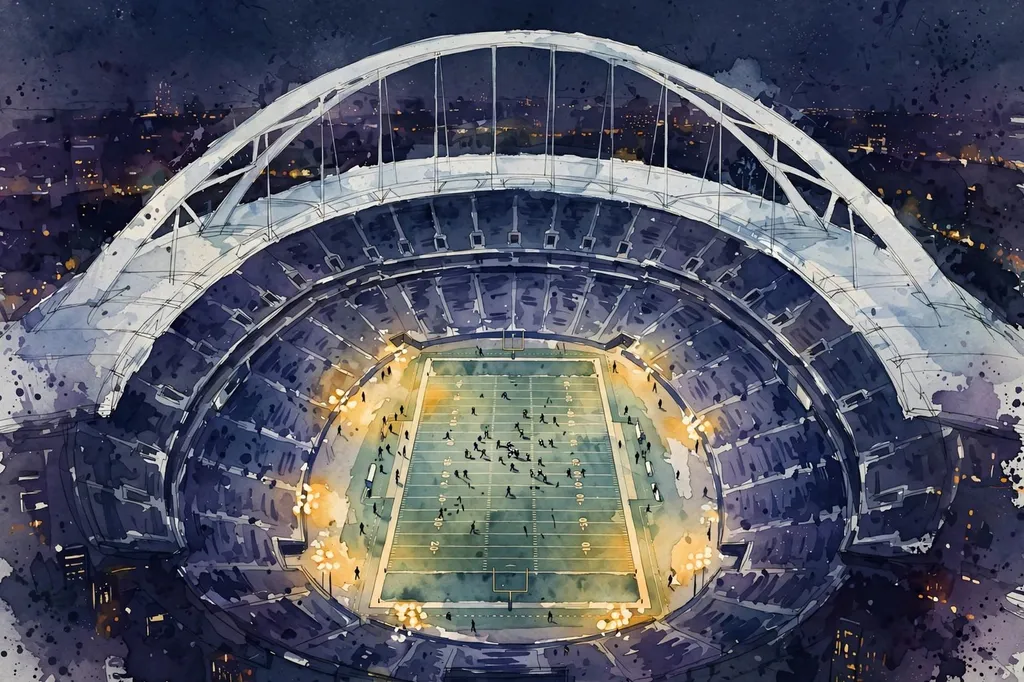 Illustration of an American football stadium under floodlights at night with a sweeping arch silhouette