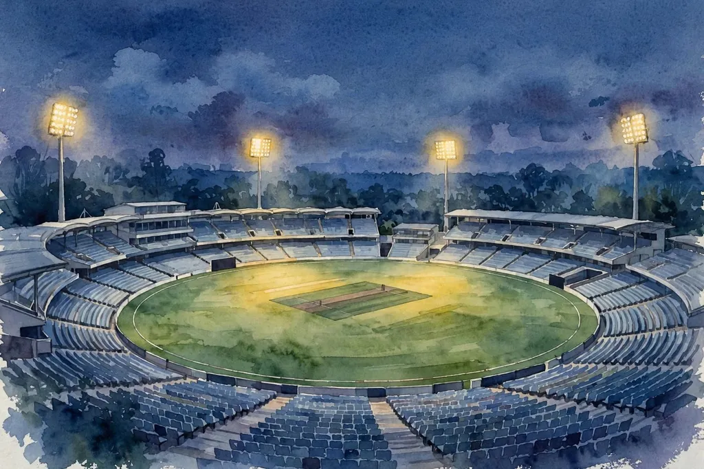 Watercolour illustration of a floodlit cricket stadium at dusk