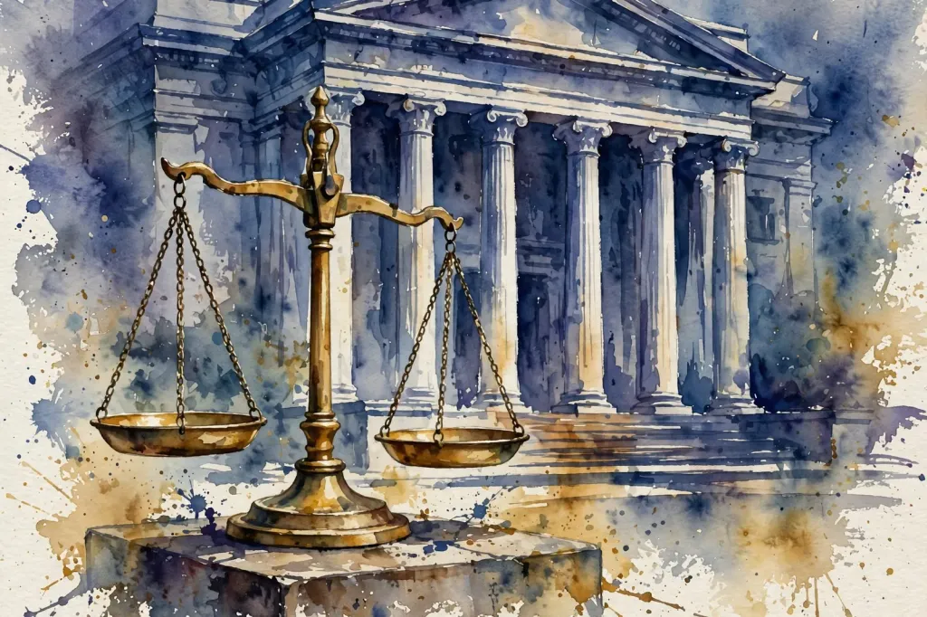 Watercolour illustration of scales of justice in front of a courthouse