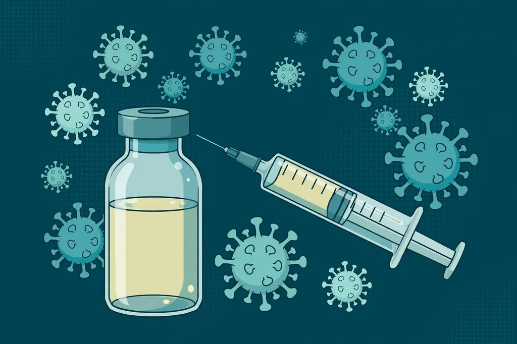 Editorial illustration showing a vaccine vial, a syringe and virus particles on a dark teal background