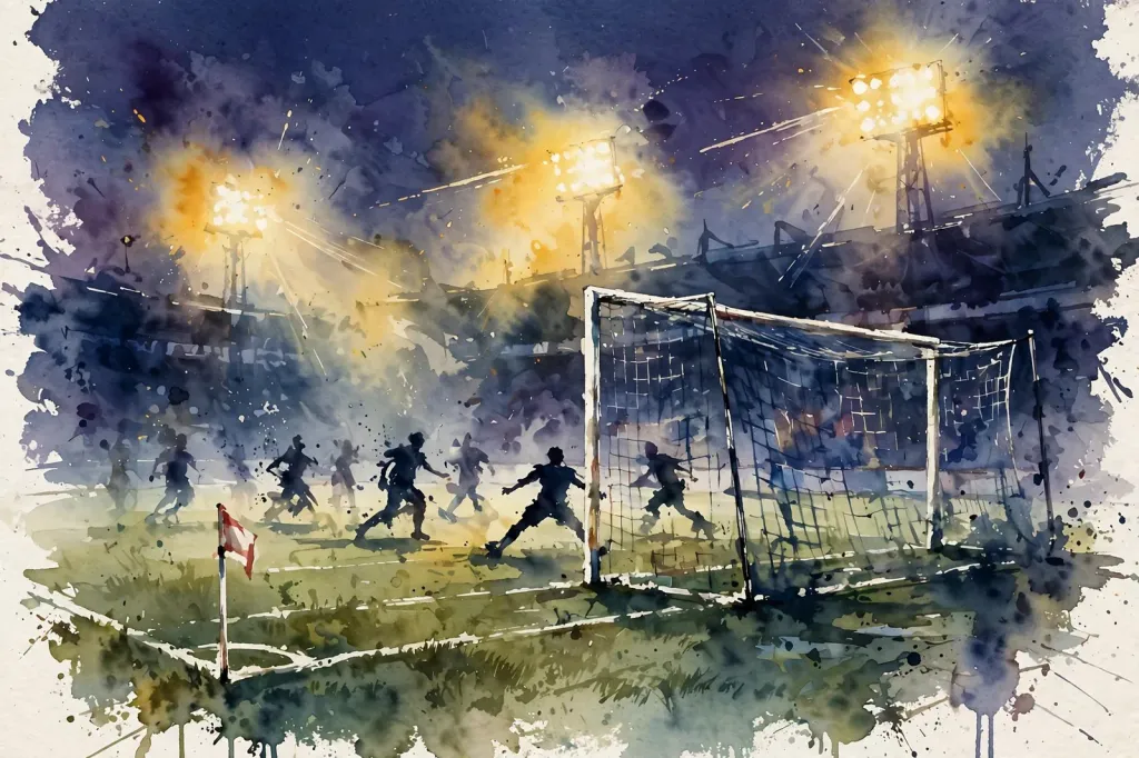 Watercolour editorial illustration of a floodlit football stadium goal-mouth scene at dusk