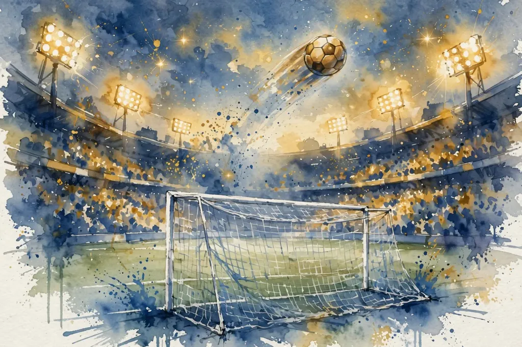 Watercolour editorial illustration of a floodlit football stadium at dusk — goal net in the foreground, a ball arcing in the sky, and the crowd as abstract paint washes