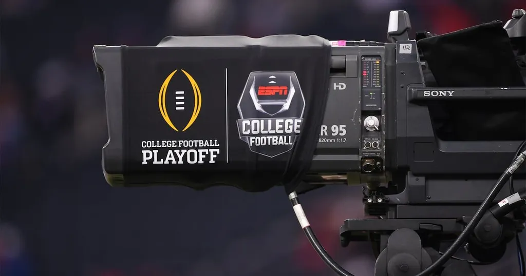 ESPN broadcast camera branded with College Football Playoff and ESPN logos