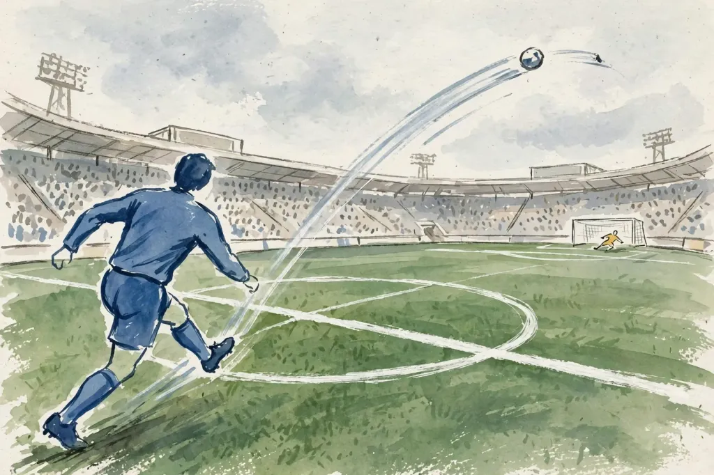 Watercolour illustration of a footballer striking a ball from the halfway line towards a distant goal, goalkeeper stranded off his line
