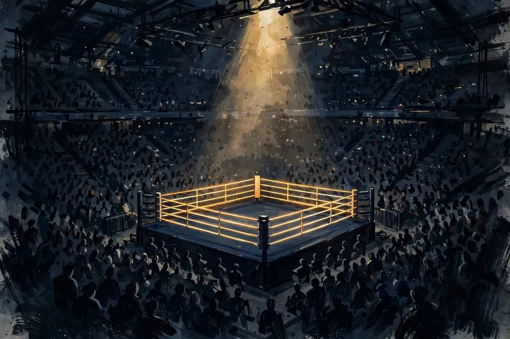 Stylized editorial illustration of a boxing ring under a spotlight in a packed dark arena.