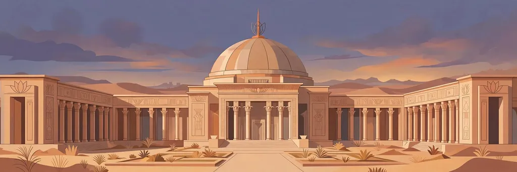 Illustration of Egypt's parliament building in the New Administrative Capital — a stylised editorial rendering of the domed central hall behind colonnaded wings at dusk