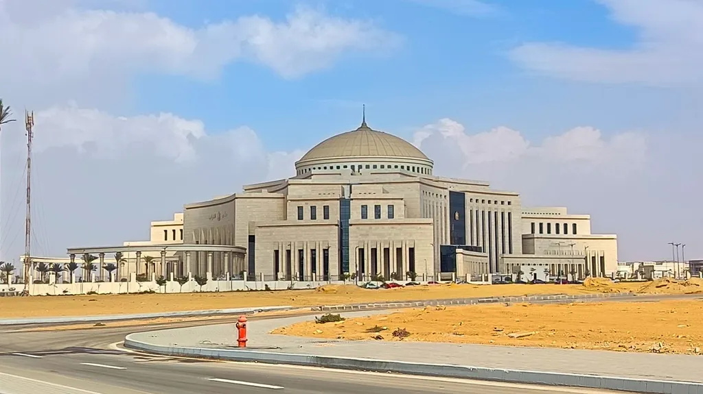 The Egyptian Parliament building in the New Administrative Capital, its domed central hall visible behind a colonnaded wing