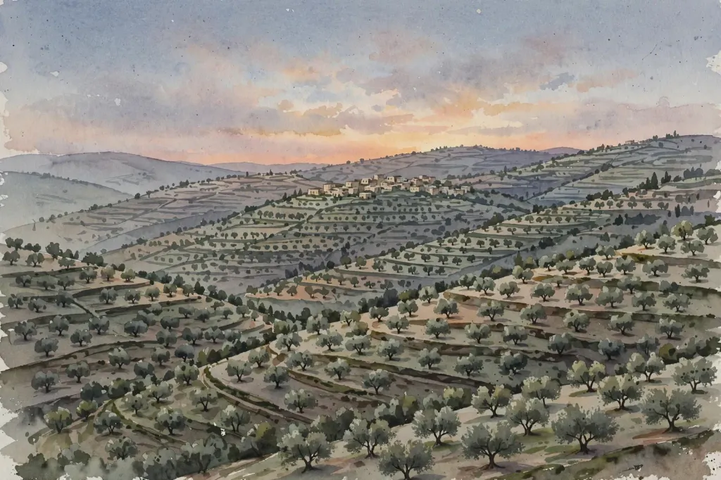 Watercolour illustration of terraced olive groves on West Bank hills at dusk