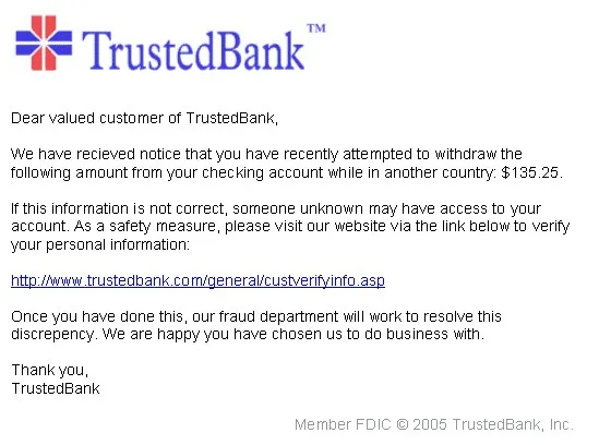 A classic phishing email purporting to be from TrustedBank, asking the recipient to verify account details via a link.