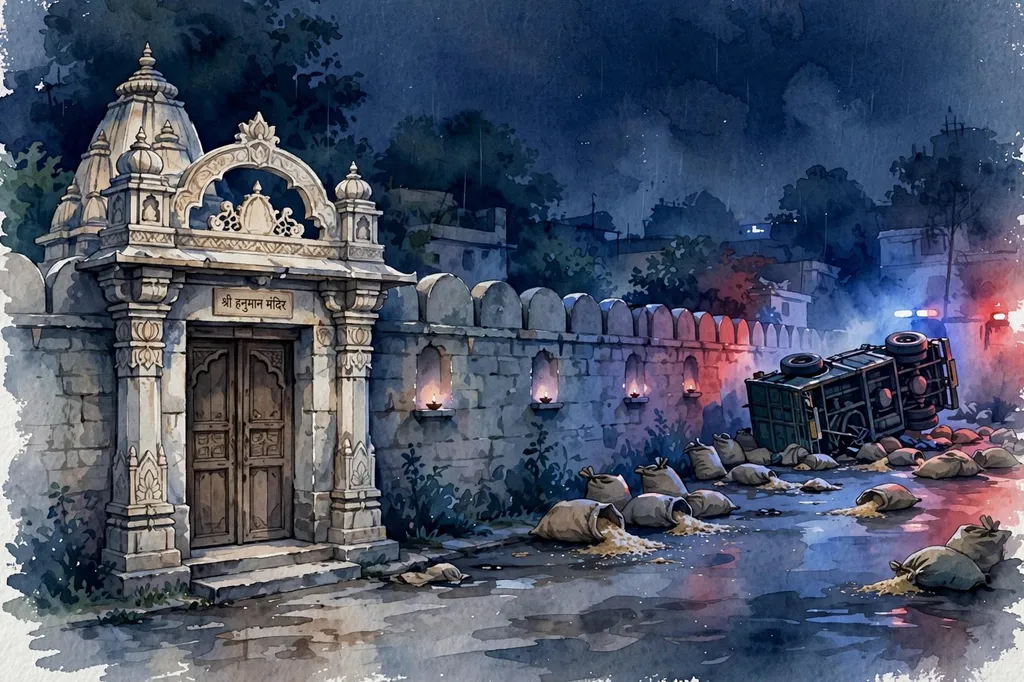 AI-generated editorial illustration of a Hindu temple gate at night, with an overturned cargo truck and scattered sacks resting against the wall.