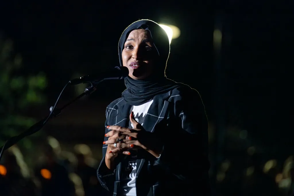 Rep. Ilhan Omar speaking at a vigil in Minneapolis on 27 August 2025.