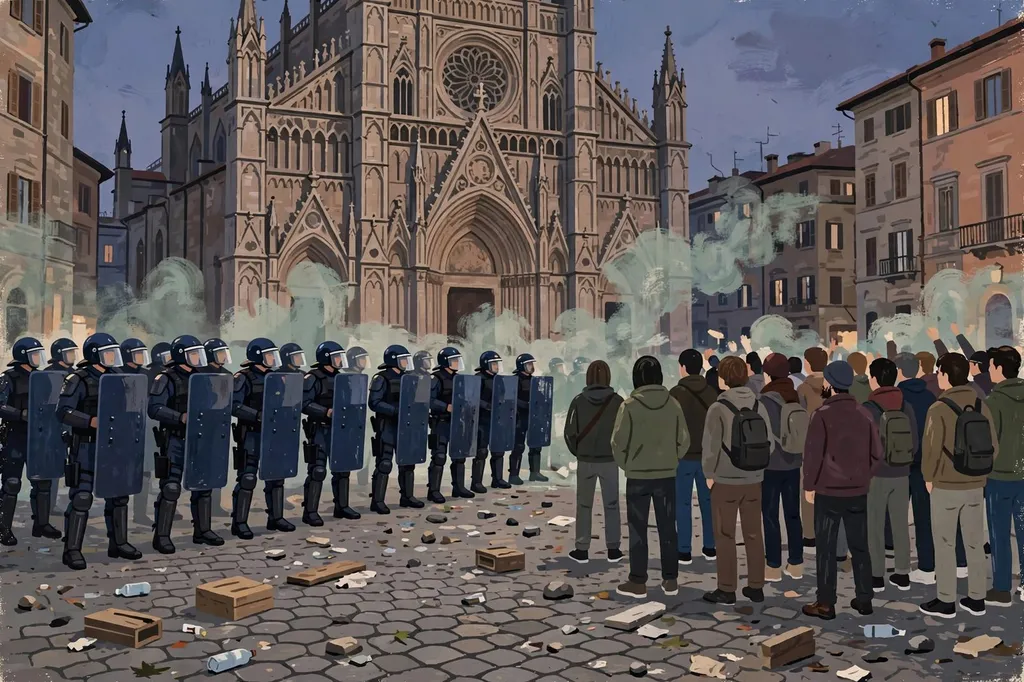 AI-generated editorial illustration of riot police facing protesters in a historic Italian city square at dusk.