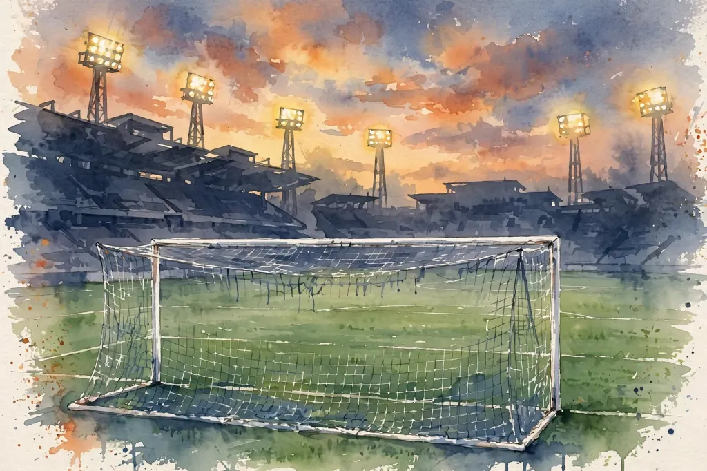 Watercolour editorial illustration of a generic football stadium goal-mouth scene at dusk — empty pitch, goalposts and net, silhouetted stands and glowing floodlights