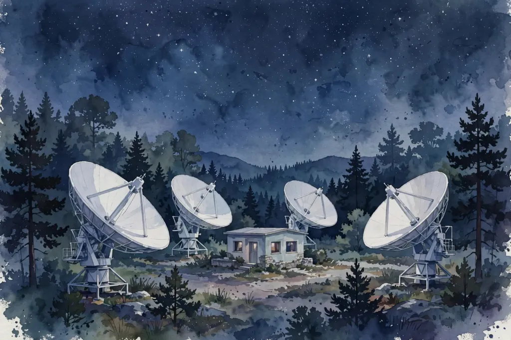 Stylised watercolour illustration of a satellite ground gateway station with dish antennas and a control building at night under a starry sky
