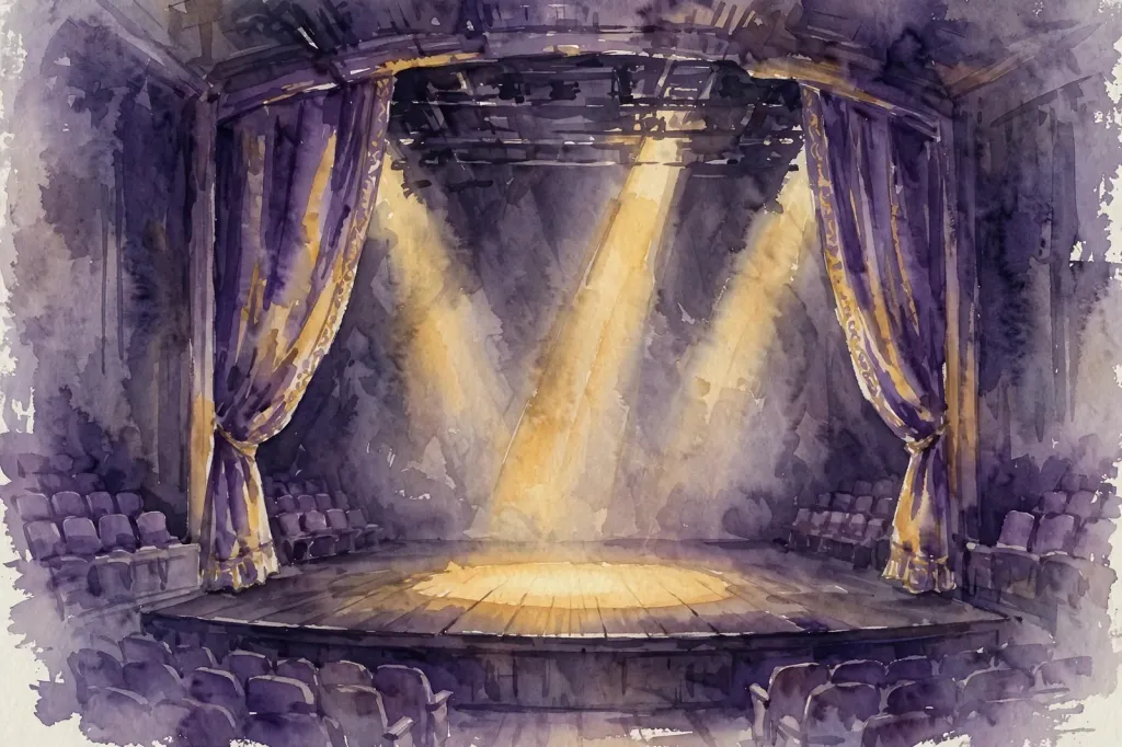Watercolour editorial illustration of an empty theatre stage under warm spotlights in purple and gold.