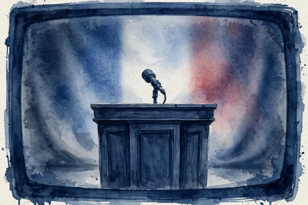 Watercolour editorial illustration of an empty podium with a microphone seen through a television frame, with the French tricolour blurred behind.