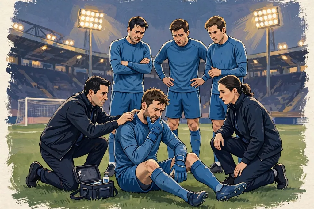 AI-generated editorial illustration of an injured football goalkeeper in a blue kit being attended by medics on a floodlit pitch.