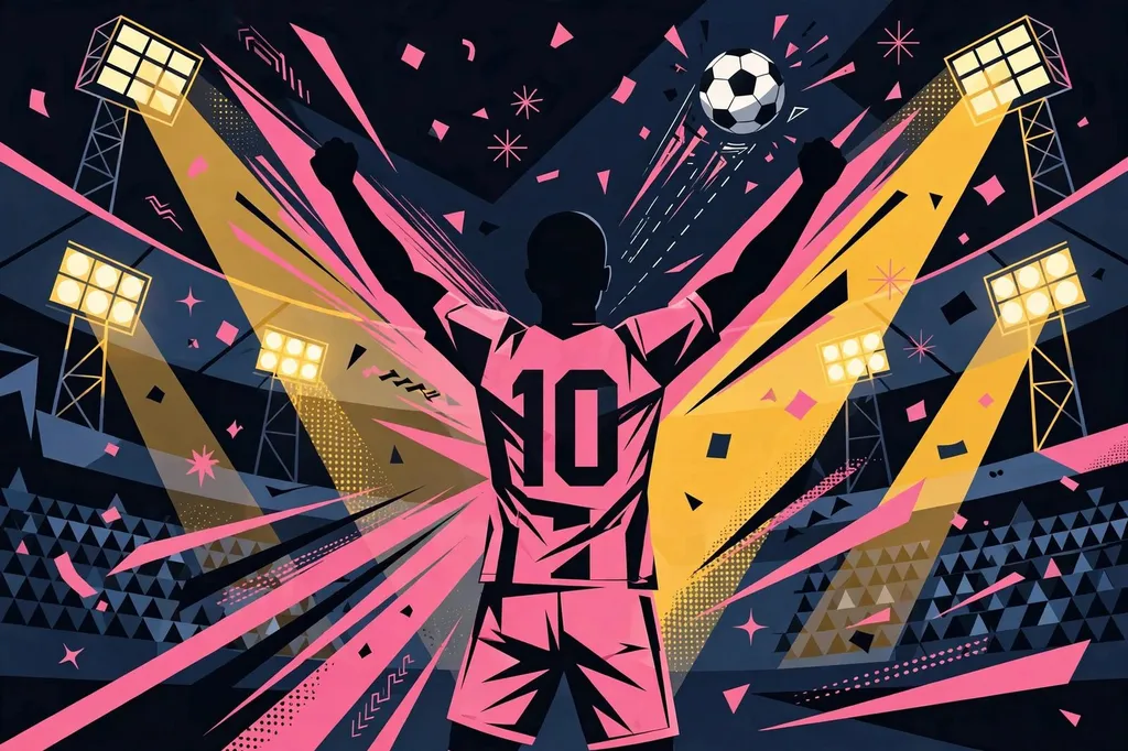 Editorial illustration of a footballer in a pink number-10 shirt celebrating with arms raised under floodlights at a night stadium