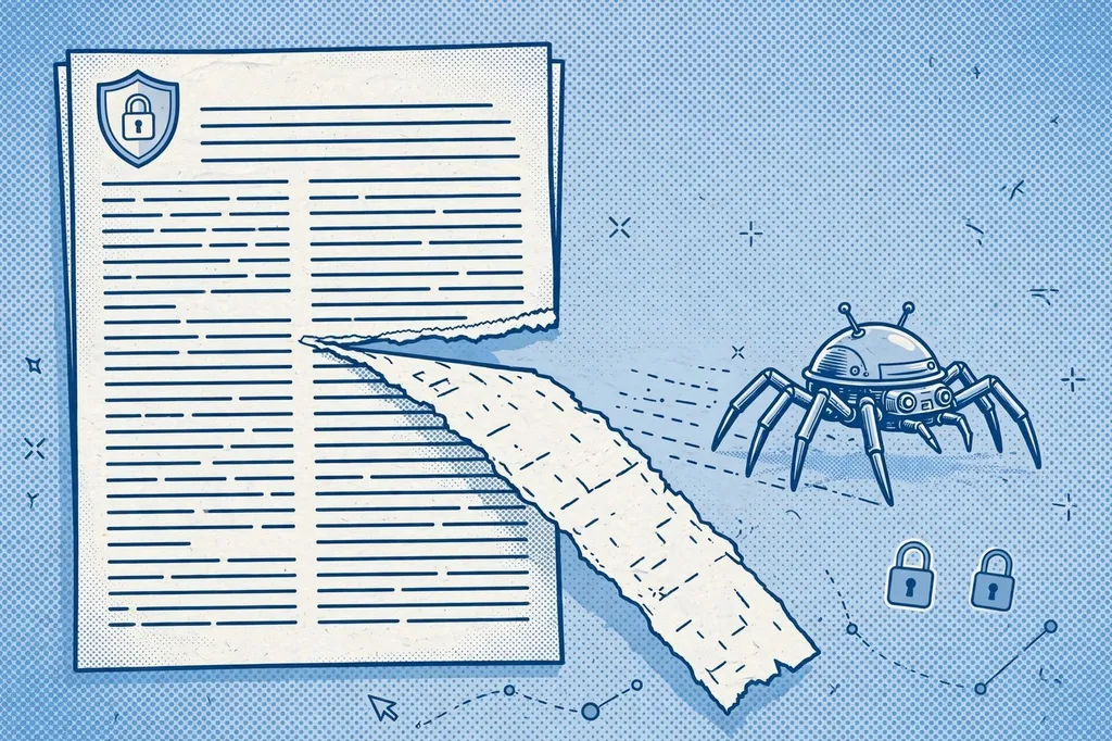 Editorial illustration of a torn terms-of-service document with a web-crawler robot