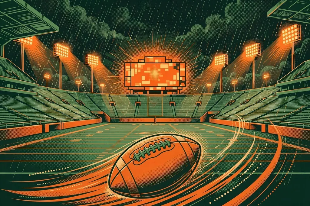 Editorial illustration of a rain-soaked college football stadium at night