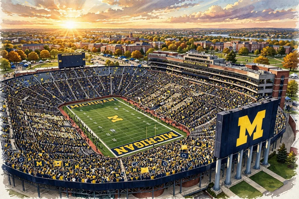 AI-generated editorial illustration of Michigan Stadium (The Big House) packed with fans in navy and maize at golden hour (illustration, not a photograph of the actual game).