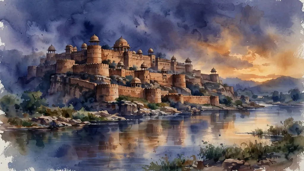 Watercolour editorial illustration of a dramatic Indian riverside fortress at dusk