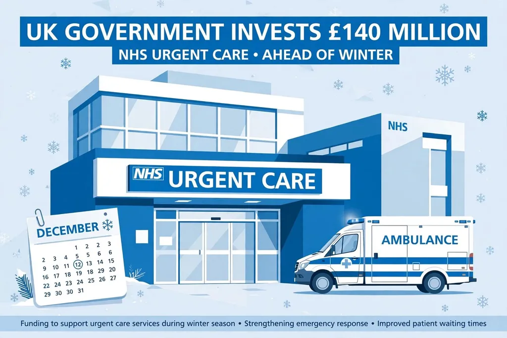 Editorial illustration of an NHS urgent treatment centre entrance with an ambulance, symbolising winter capacity investment