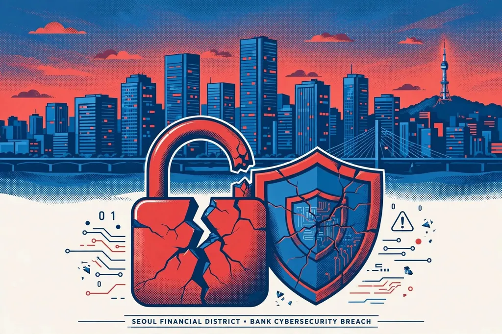 Editorial illustration of a broken padlock and cracked security shield over a Seoul financial-district skyline, depicting a bank cybersecurity breach