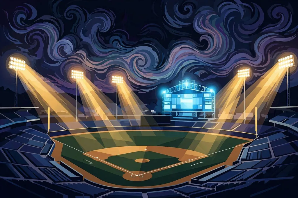 Stylised illustration of a baseball stadium at night under floodlights, accompanying coverage of the Rays beating the Guardians 7-3 in ALCS Game 4