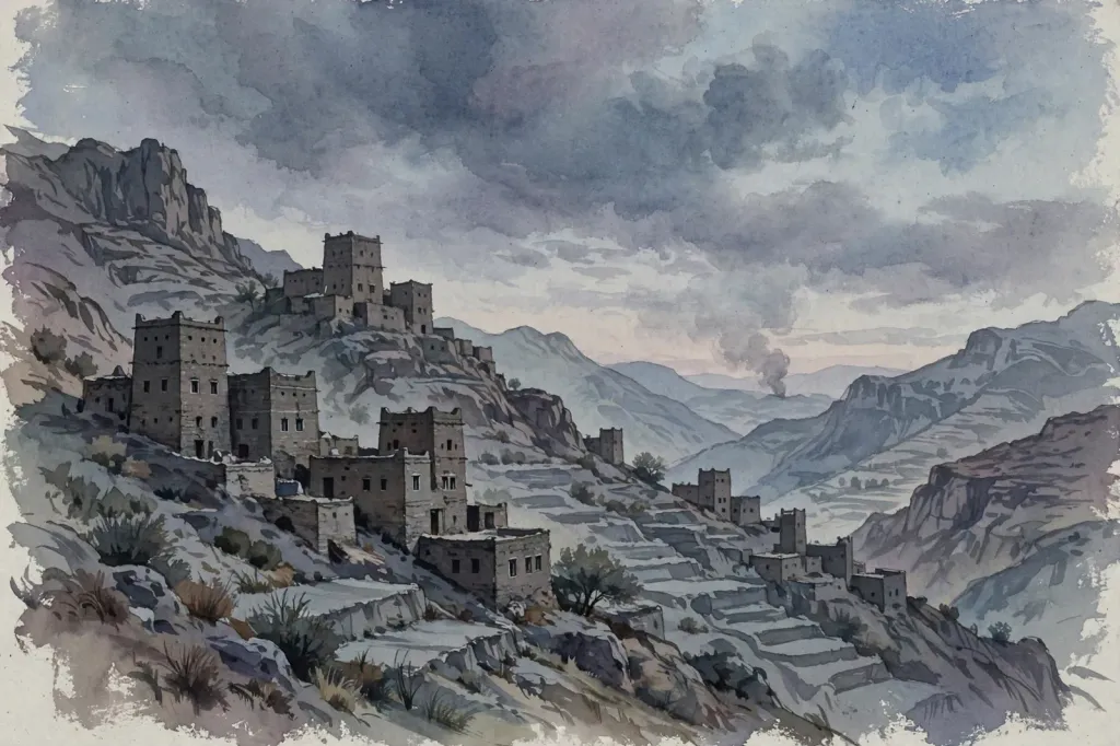 Watercolour editorial illustration of a Yemeni mountain village with stone tower houses at dusk; no people; labeled Illustration