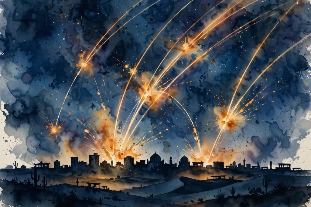 Watercolour editorial illustration of a desert city skyline at night with arcs of light being intercepted in the sky