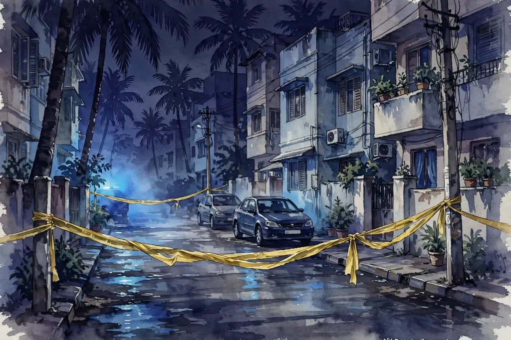 Stylised watercolour illustration of a Mumbai residential street at night cordoned off with yellow police tape