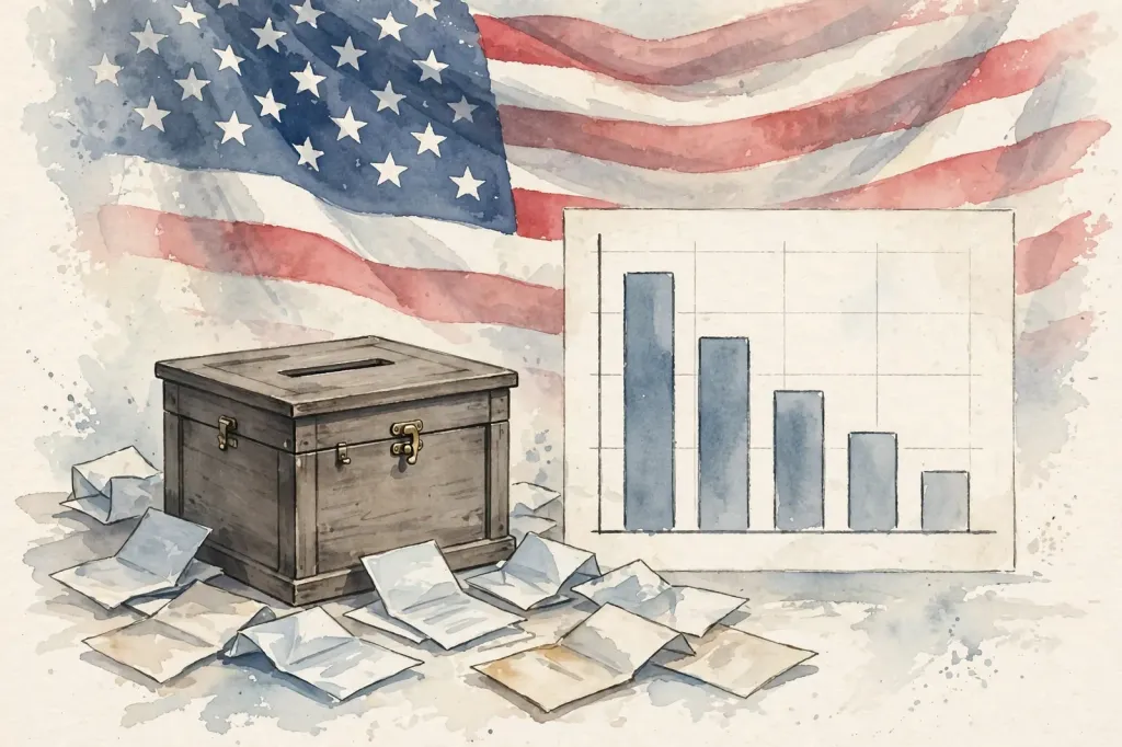 Stylised watercolour illustration of a ballot box, ballot papers and a descending bar chart against an American flag