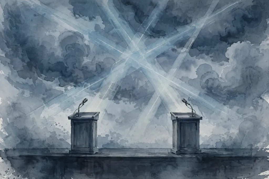 Watercolour editorial illustration of two empty lecterns with microphones on a dark stage under a stormy night sky