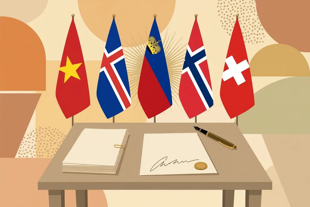 Editorial illustration of the Vietnam-EFTA free trade agreement signing: the Vietnamese flag beside the flags of Iceland, Liechtenstein, Norway and Switzerland, above a signing table with documents and a fountain pen